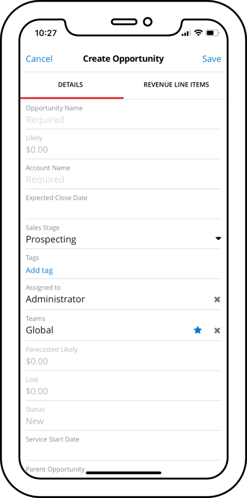 Sugar Mobile Create Account screen