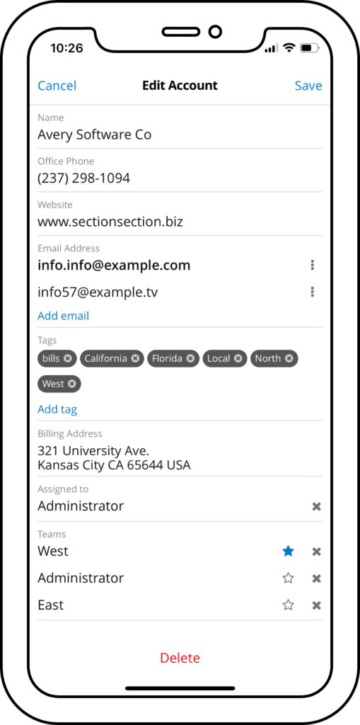 Sugar Mobile editing an account, with fields editable