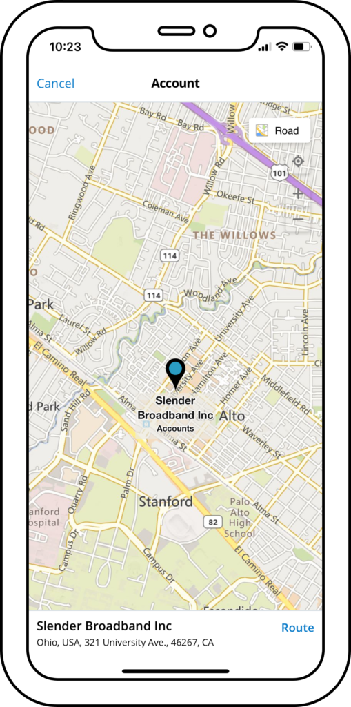 Sugar Mobile Maps - Showing a map pin on an address in California of a selected account with the ability to route to the address.